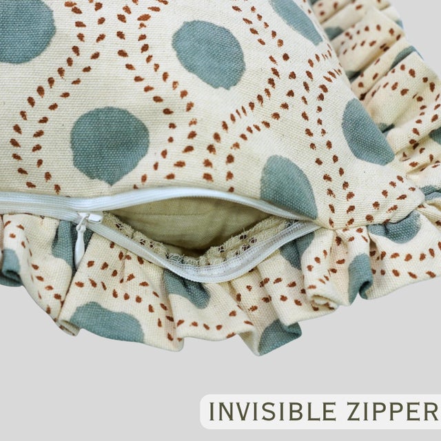 Not Yet Made - Made To Order Block Print Ruffle Throw Pillow Decorative Ruffle Accent Cushion for Sofa and Bed 18x18 Inch- Raajbhog For Sale - Image 5 of 6