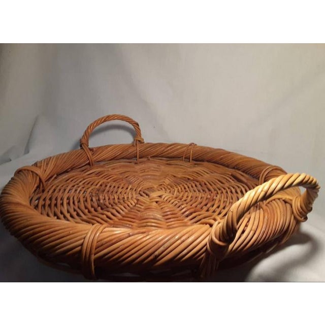 Late 20th C. Round Wicker Basket Tray With Handles Chairish