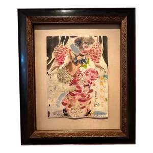 "Moulin Rouge Petite I" Female Figurative Mixed-Media Painting on Paper