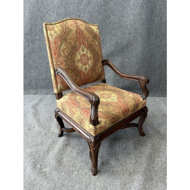 American Late 20th Century Traditional High-Back Upholstered Arm Chair For Sale - Image 3 of 10