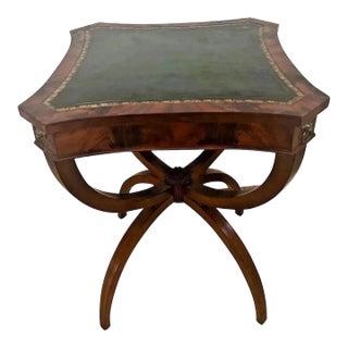 1950s Milano Furniture Art Deco Italian Style Side Table Green Embossed Leather Mahogany For Sale