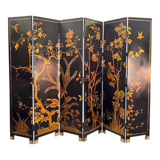 1960s Large Chinoiserie 6-Panel Gold & Black Coromandel Folding Screen For Sale