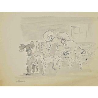 Mino Maccari, The Visit, Ink & Watercolor, 1960s For Sale