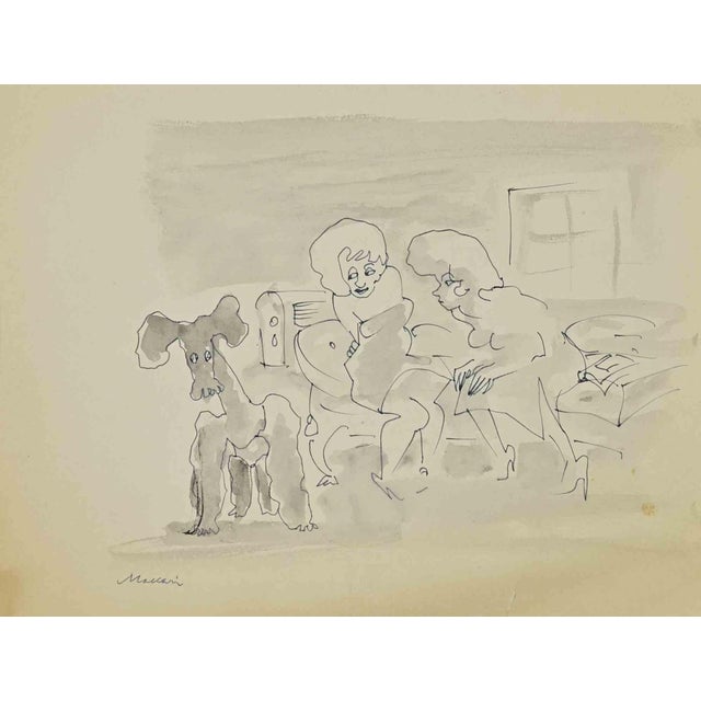 Mino Maccari, The Visit, Ink & Watercolor, 1960s For Sale