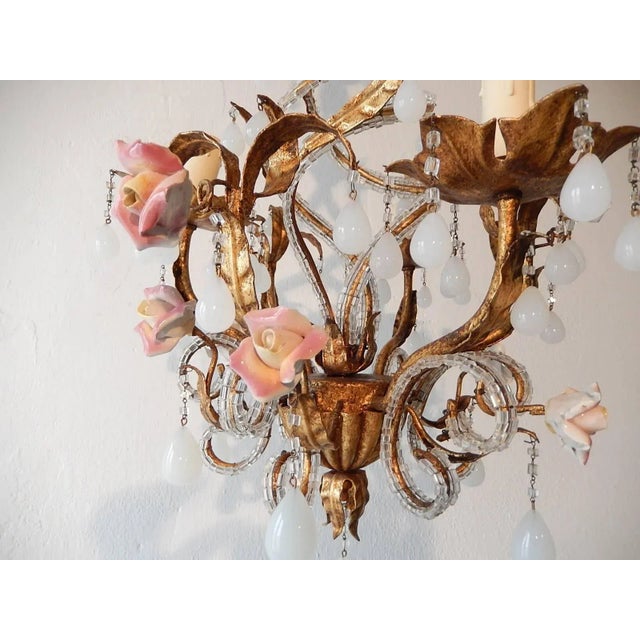 1920s French Tole Beaded Roses and White Opaline Drops Chandelier For Sale - Image 5 of 10