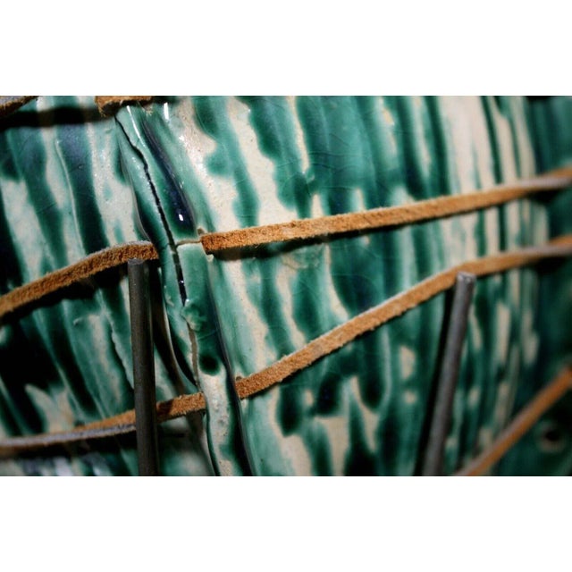 Mid Century Modern Ceramic Green Biomorphic Shell Design on Metal & Wood Stand For Sale - Image 4 of 8