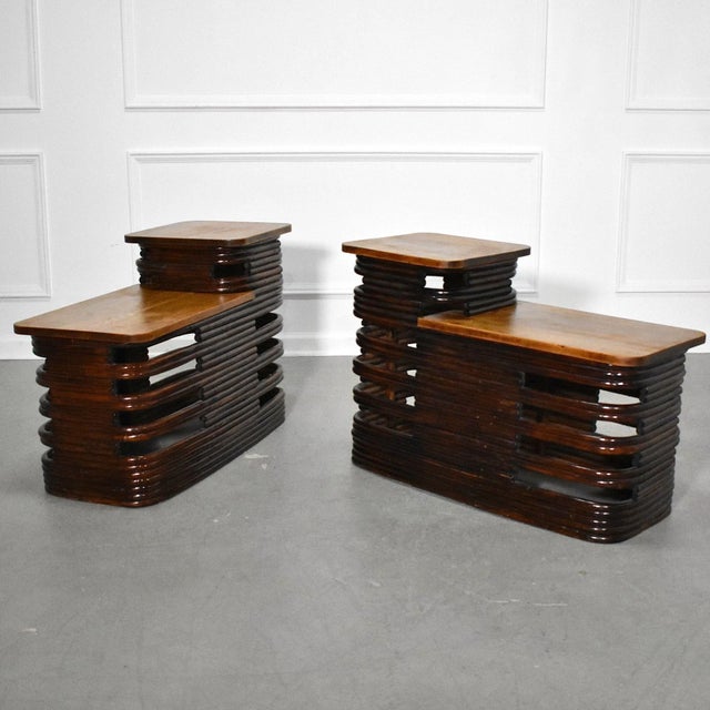 Art Deco Paul Frankl Deco Stacked Rattan Tiered Side Tables - A Pair For Sale - Image 3 of 7