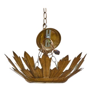 Mid 20th Century Spanish Midcentury Gilt Metal Crown Pendant with Frosted Glass Diffuser For Sale