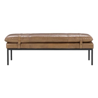 Caramel Leather Strap Modern Farmhouse Bench For Sale