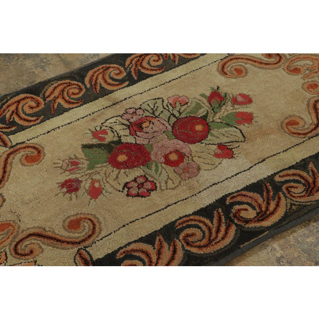 Rug & Kilim Antique Hooked Rug With Floral Bouquet Medallion in Beige & Black - Rug & Kilim For Sale - Image 4 of 8