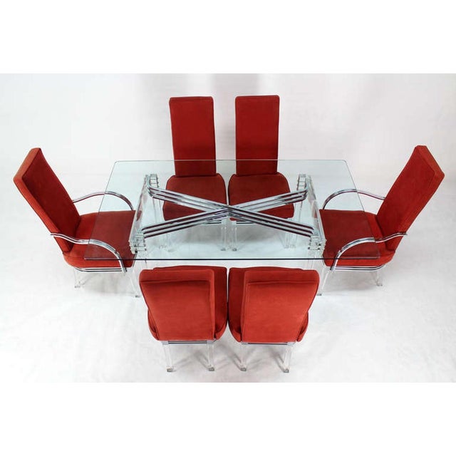 Red Mid Century Modern Set of Six Dining Chairs and Table in Lucite Chrome Glass For Sale - Image 8 of 9