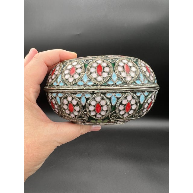 Antique Hand Fabricated Glass Enamel Cloisonné Oval Multicolored Box Gorgeous For Sale - Image 9 of 12