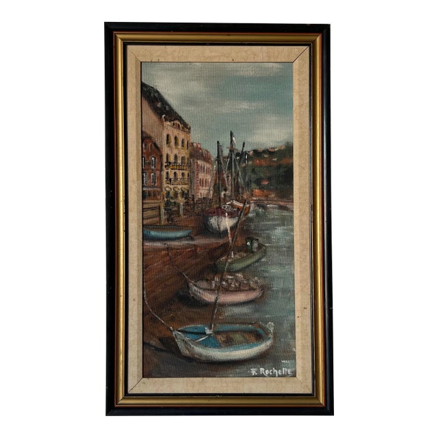 70's F. Rochelle Italian Village Corridor Harbor With Docked Boats Impressionist Oil Painting For Sale