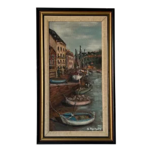 70's F. Rochelle Italian Village Corridor Harbor With Docked Boats Impressionist Oil Painting