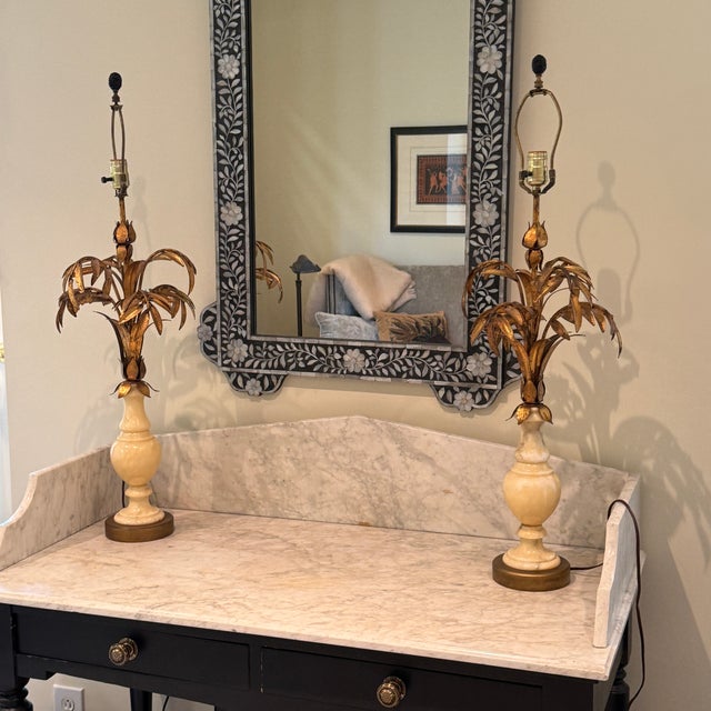 1930s Pair of 1930s Hollywood Regency Palm Tree & Marble Lamps For Sale - Image 10 of 10