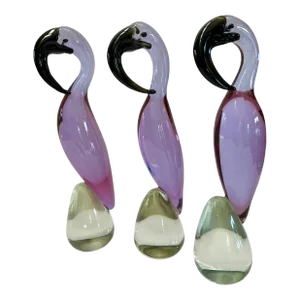 Set of Three Vintage Lavendar Glass Flamingos in Murano Style