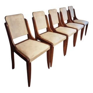Mid-Century French Walnut Dining Chairs in Light Taupe Upholstery, 1950s, Set of 5 For Sale