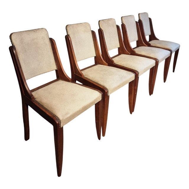 Mid-Century French Walnut Dining Chairs in Light Taupe Upholstery, 1950s, Set of 5 For Sale
