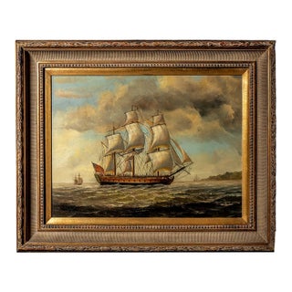 Mid Century British Sailing Ship Maritime Oil Painting For Sale