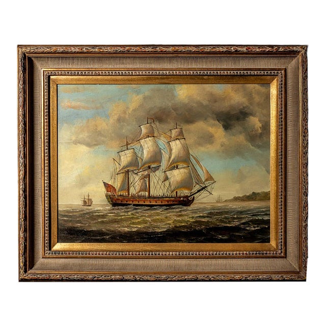Mid Century British Sailing Ship Maritime Oil Painting For Sale