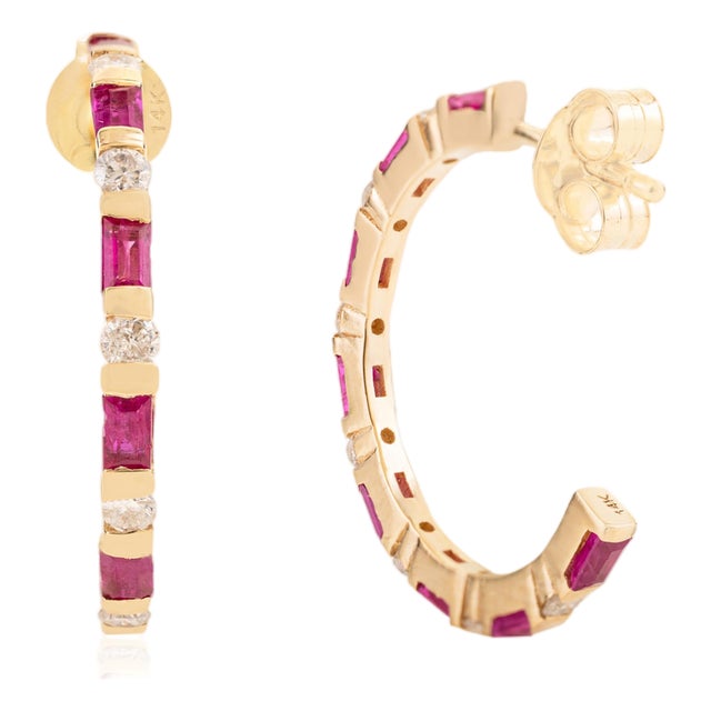 Art Deco-Inspired Natural Ruby & Diamond Hoop Earrings in 14k Gold- 2 Pieces For Sale