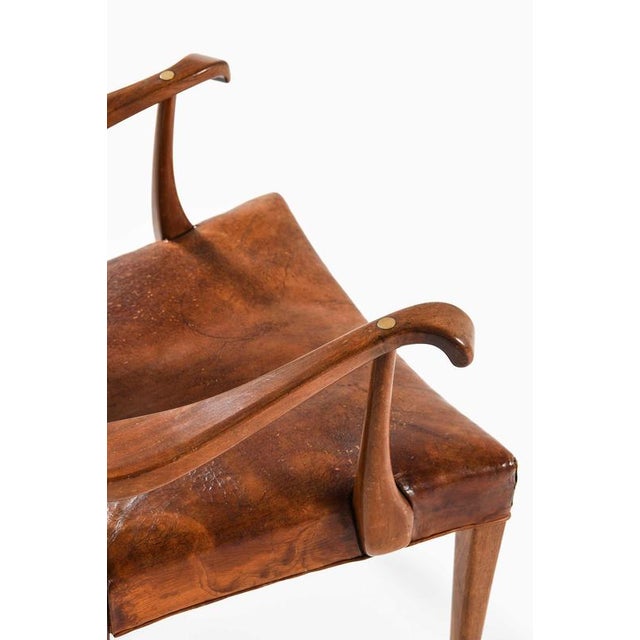 Brown Armchair in Brass, Leather and Mahogany attributed to Jens Brøtterup, 1950s For Sale - Image 8 of 11