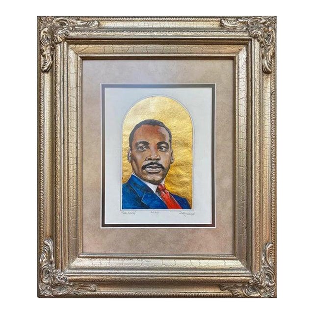 Duke Windsor, "Dr. King", Impressionist Portrait: Realist Watercolor and Gold Leaf Art For Sale
