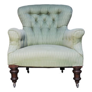 Victorian Green Button-Tufted Armchair with Mahogany Legs and Porcelain Castors in the style of Howard and Sons, 1890s For Sale