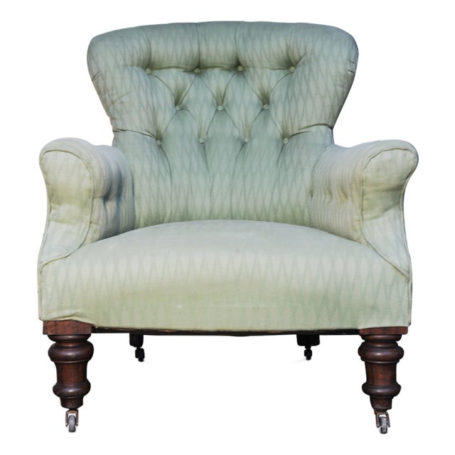 Victorian Green Button-Tufted Armchair with Mahogany Legs and Porcelain Castors in the style of Howard and Sons, 1890s For Sale