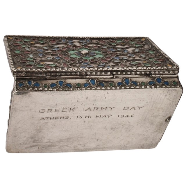 Antique Greek Civil War Pure Silver Cloisonne Case Engraved Athens Army Day 1946 For Sale - Image 10 of 11