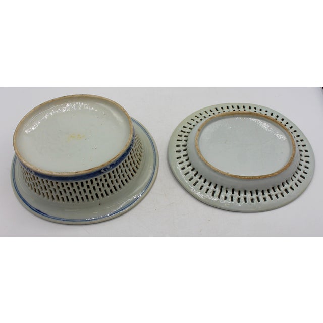 Circa 1870s-80s Chinese Blue & White Porcelain Chestnut Basket With Undertray For Sale - Image 4 of 5