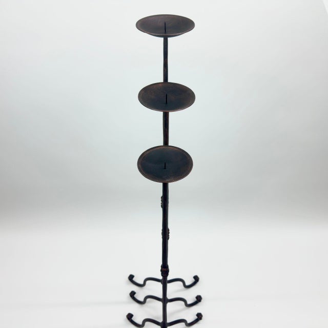 2020s Hand Forged Iron Candelabra Set of 3 (92-112cm) Antique Copper Finish Straight Stem with French Scroll Base For Sale - Image 5 of 7