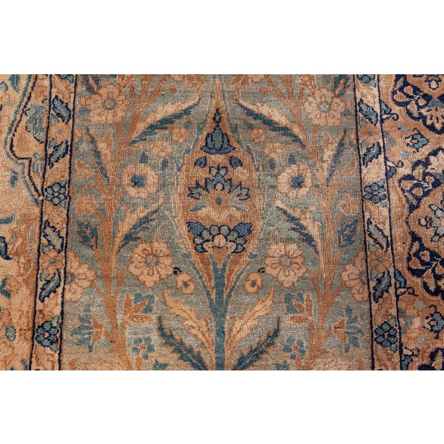 Camel and Pastel Blue Antique Persian Kirman Rug For Sale - Image 4 of 11