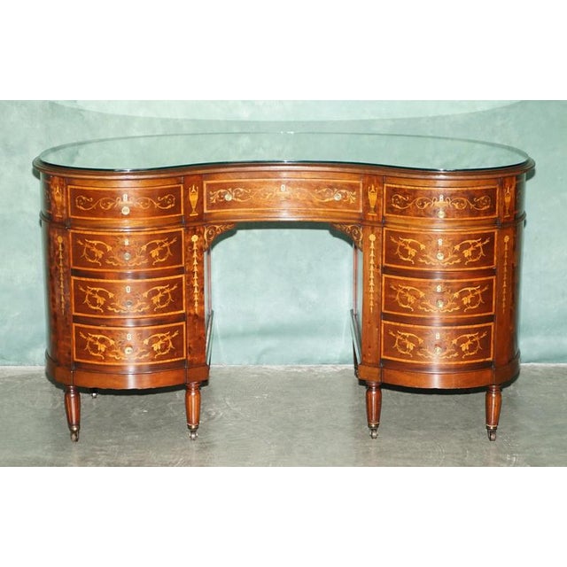 Victorian Marquetry Inlaid Hardwood Kidney Library Desk For Sale - Image 3 of 18