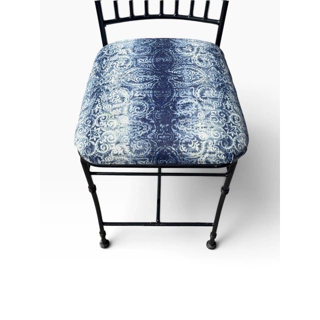 Faux Bamboo Wrought Iron Counter Stool | Spindle Back & Blue Damask Seat | Sold Individually, 5 Available For Sale - Image 11 of 12