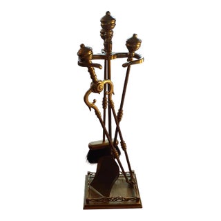 Art Nouveau Style 3pcs Italian Brass Fire Tool Set With Stand For Sale