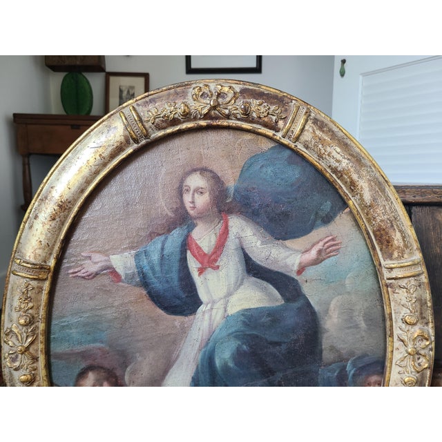 Antique 18th Century Religious Oil Painting Assumption of the Virgin Mary For Sale - Image 14 of 16