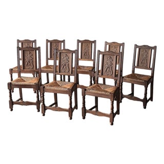 Antique French Carved Oak Rush Seat Dining Chairs, Set of 8 For Sale