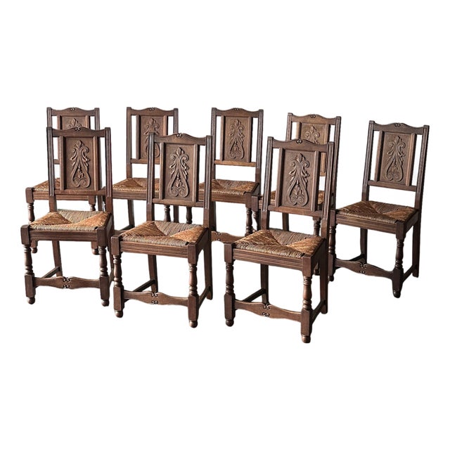 Antique French Carved Oak Rush Seat Dining Chairs, Set of 8 For Sale