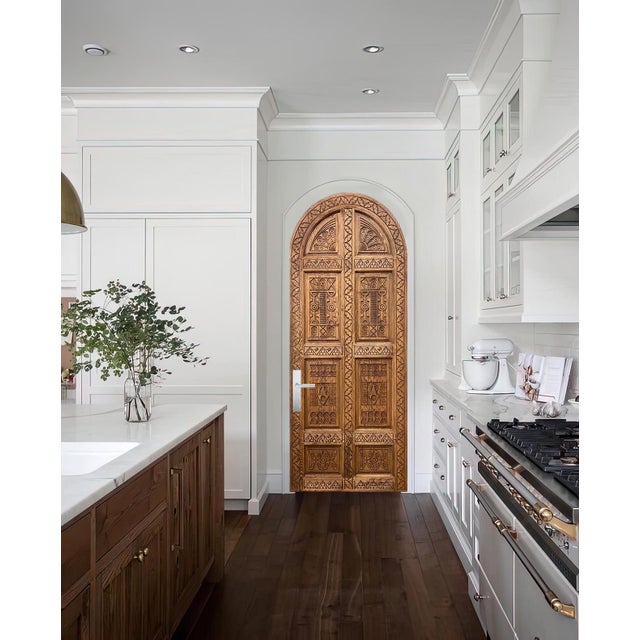 Hand-Carved Solid Wood Arched Door – Tribal Geometric Mediterranean Design For Sale - Image 10 of 10