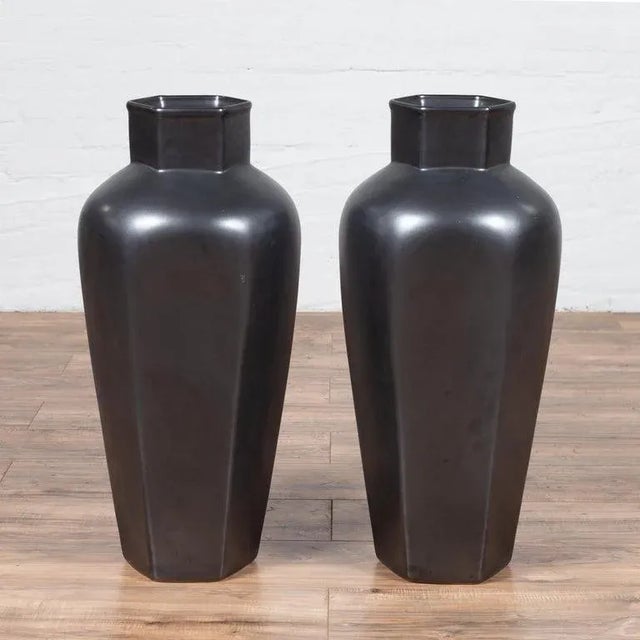 Early 21st Century Pair of Cobalt Gray Ceramic Vases For Sale - Image 5 of 13