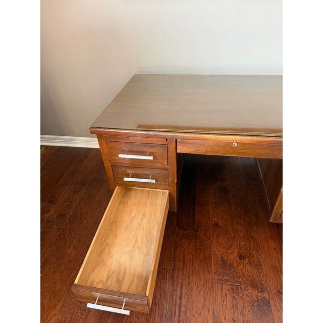 1950s Mid Century Walnut Executive Desk With Glass Top For Sale In Houston - Image 6 of 12