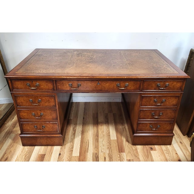 English Vintage English Georgian Style Double Pedestal Gilt Tooled Leather Executive Desk For Sale - Image 3 of 7