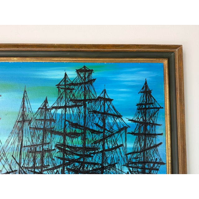 1970s Mid-Century Modern Harbor Boats Landscape Acrylic Painting on Board, Signed For Sale In Miami - Image 6 of 12