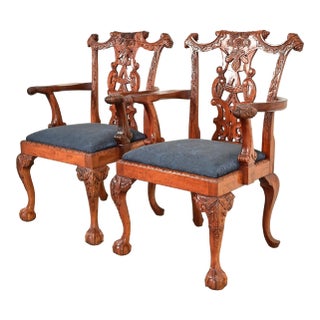 Baker Furniture Style Chippendale Carved Mahogany Armchairs, Pair For Sale