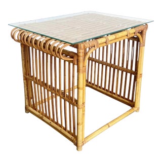 Boho Chic Bamboo Glass Top Side Table For Sale