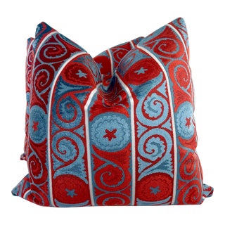 Bright Red & Blue Scroll Cut Velvet 22” Pillows-A Pair For Sale