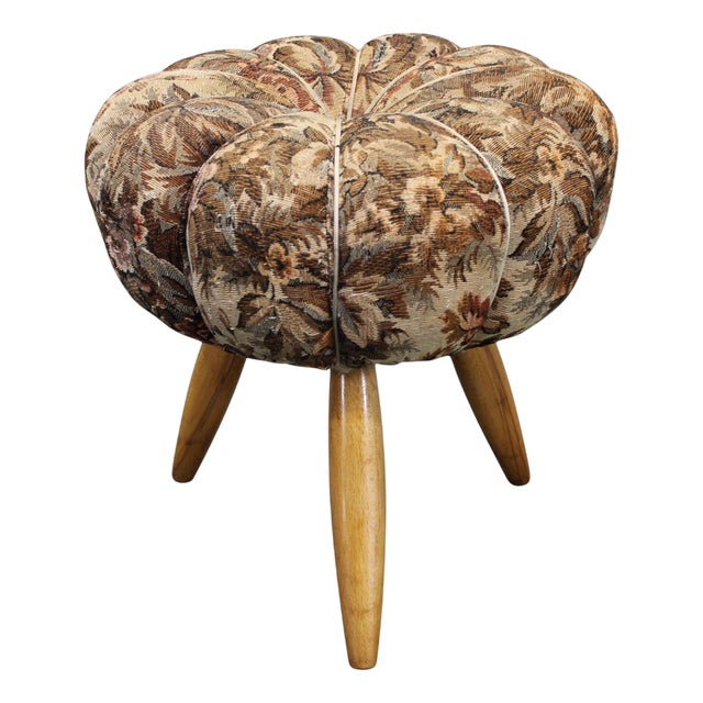 Mid-Century Modern Czech Upholstered Stool in Beech Wood, 1950s For Sale