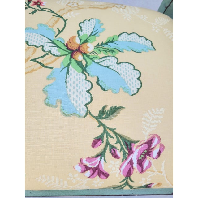 Green Vintage Distressed Green Brown Fretwork Upholstered Brunschwig Fils Yellow Floral Side Chairs- A Pair For Sale - Image 8 of 15