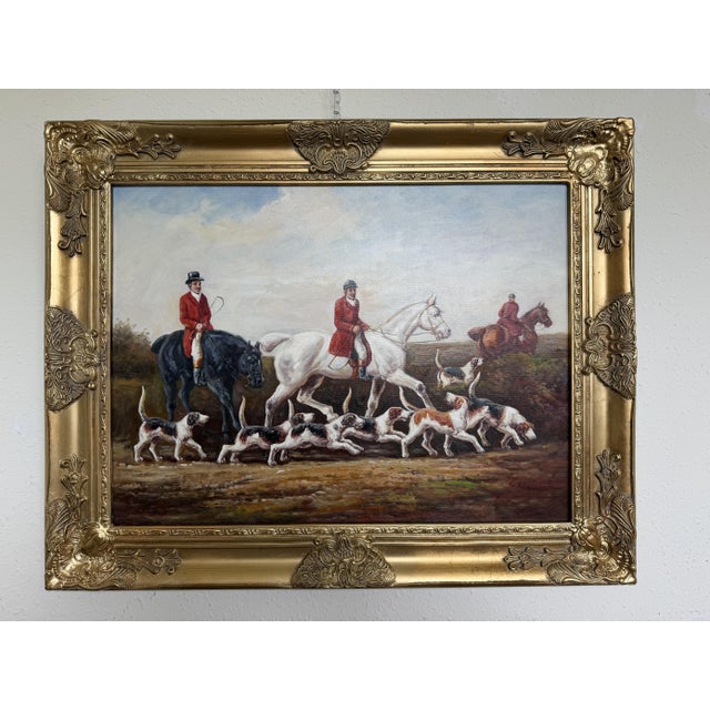 This original vintage oil on canvas captures the timeless tradition of the English fox hunt, portraying elegantly dressed...